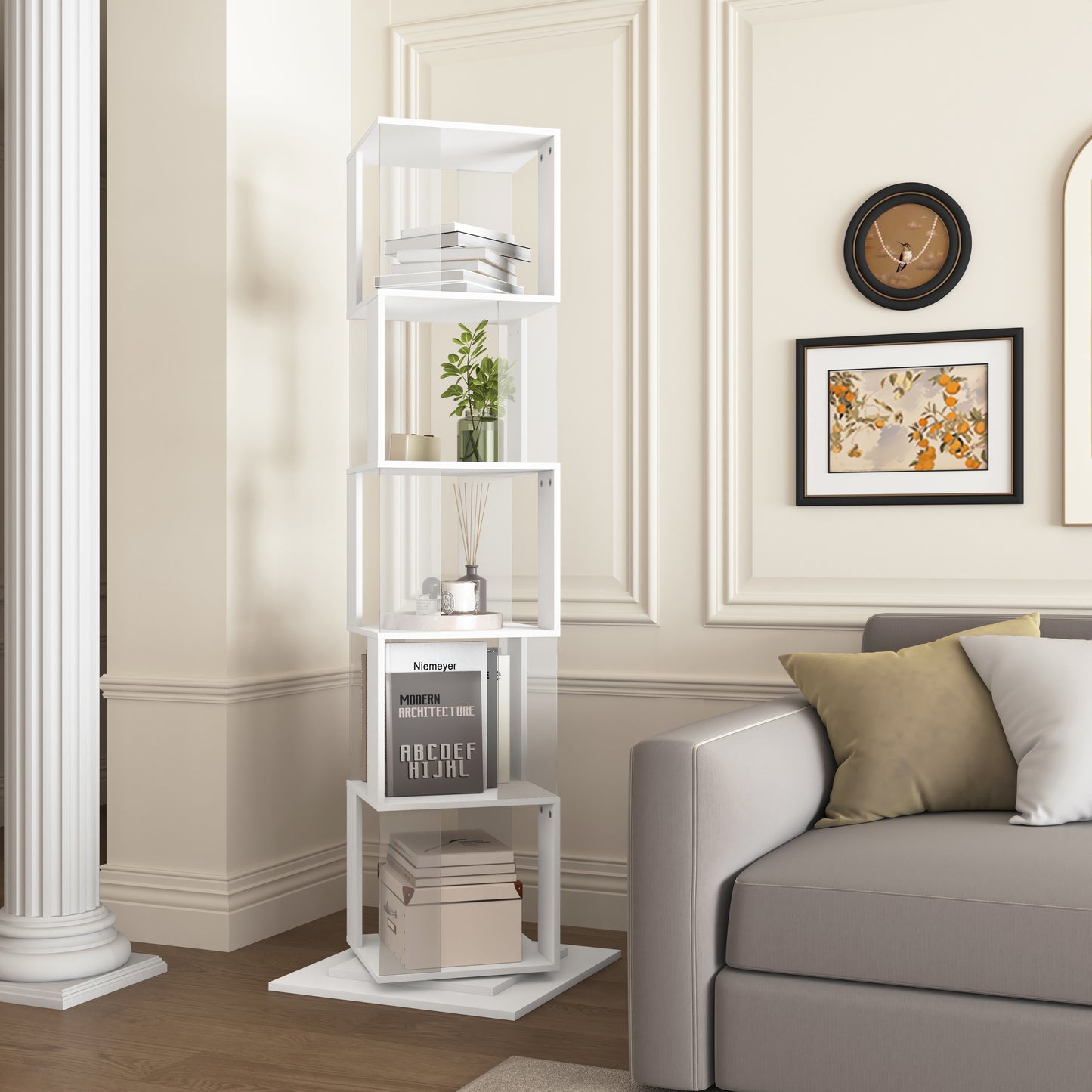 360 Rotating Bookshelf With Acrylic Plate, 5-Tier Tall, Floor Rack Simple Bookcase, Modern Display Shelf For Living Room Home Office Bedroom