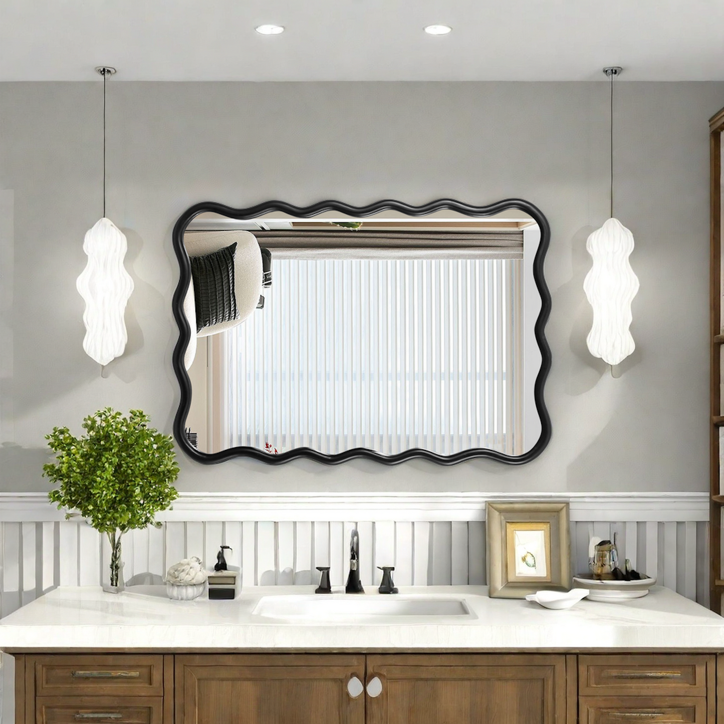 Solid Wood Wavy Rectangle Mirror-Black 40 X 28 Modern Mirror Wall Decor For Bathroom, Bedroom, Living Room, Dining Room, Cloakroom, Entryway