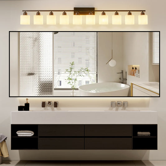 10 Light Bathroom Vanity Lights Over Mirror, 65.4 Inch Black Vanity Lights Fixtures With White Glass Shades Matte Black Modern Vanity Lights Black Bathroom Wall Lighting For Mirror Bedroom