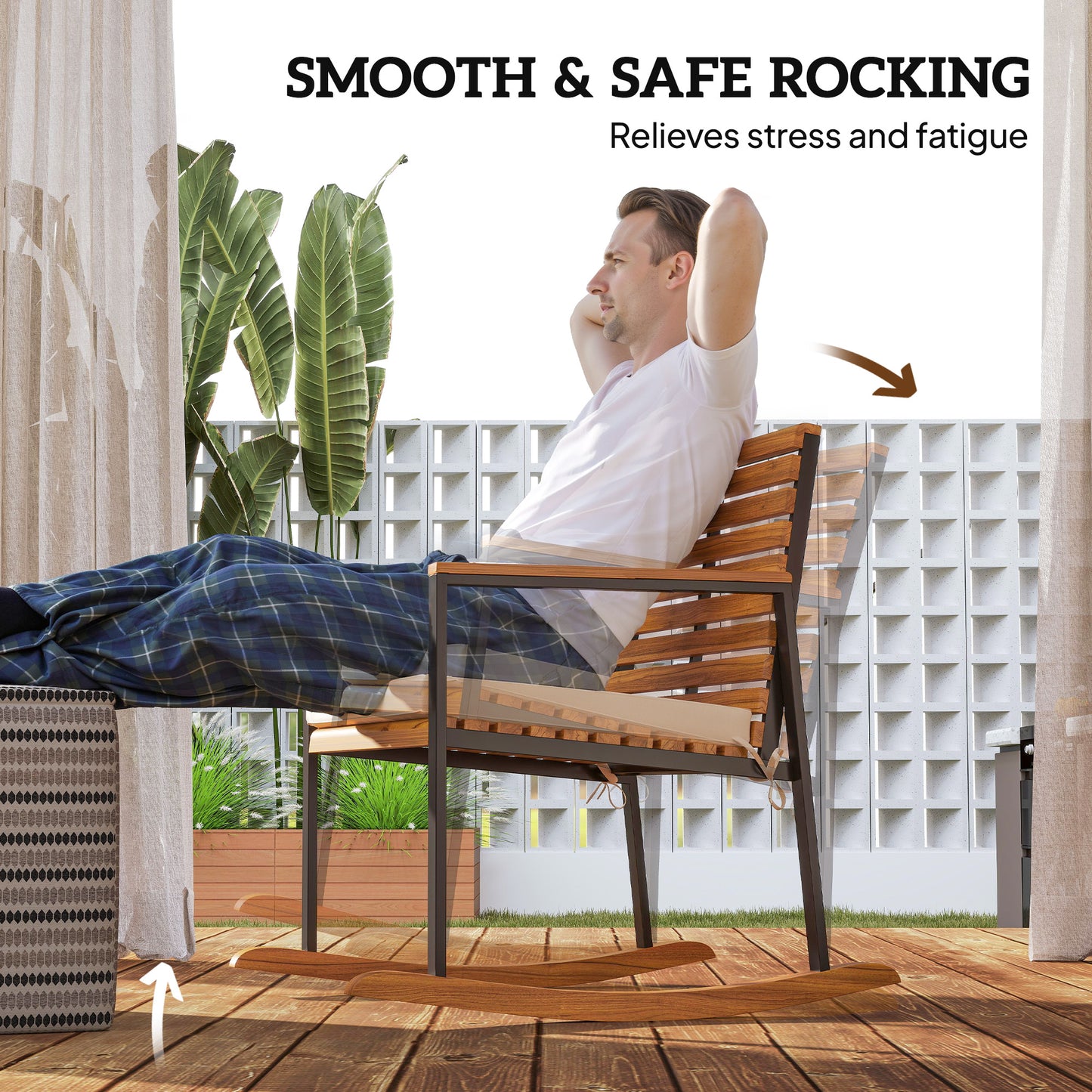 Acacia Wood Outdoor Lawn Rocking Chair Set Of 2, Outdoor Patio Rocking Chairs With Armrests, Cushion, Cream White