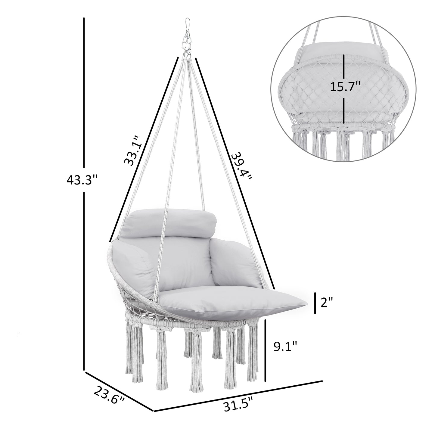 Hammock Swing Chair, Macrame Hanging Chair With Large Cushion, Chain, Steel Frame For Indoor Outdoor Use, Gray