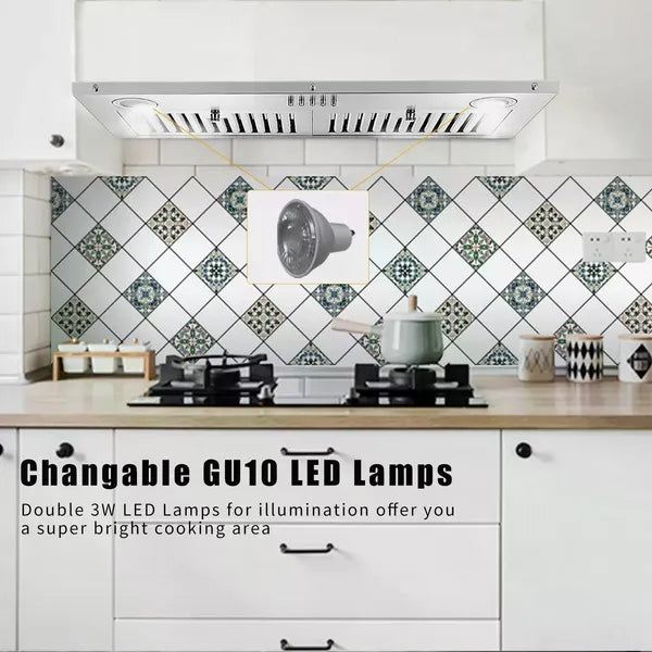 30 Inch Insert Range Hood 600 CFM;  Built-in Stainless Steel Range Hoods With Right Button Controls And Back LED Lights; Kitchen Hood For Over Stove; Ducted/Ductless Convertible Vent Hood