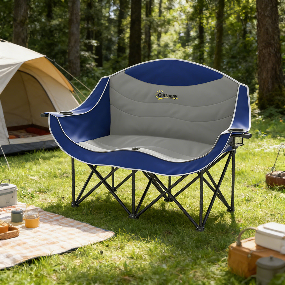 Padded Folding Camp Chair For Adults, Double Camping Chair 600D Oxford Fabric With Armrests, Cup Holders, Carry Bag For Outdoor
