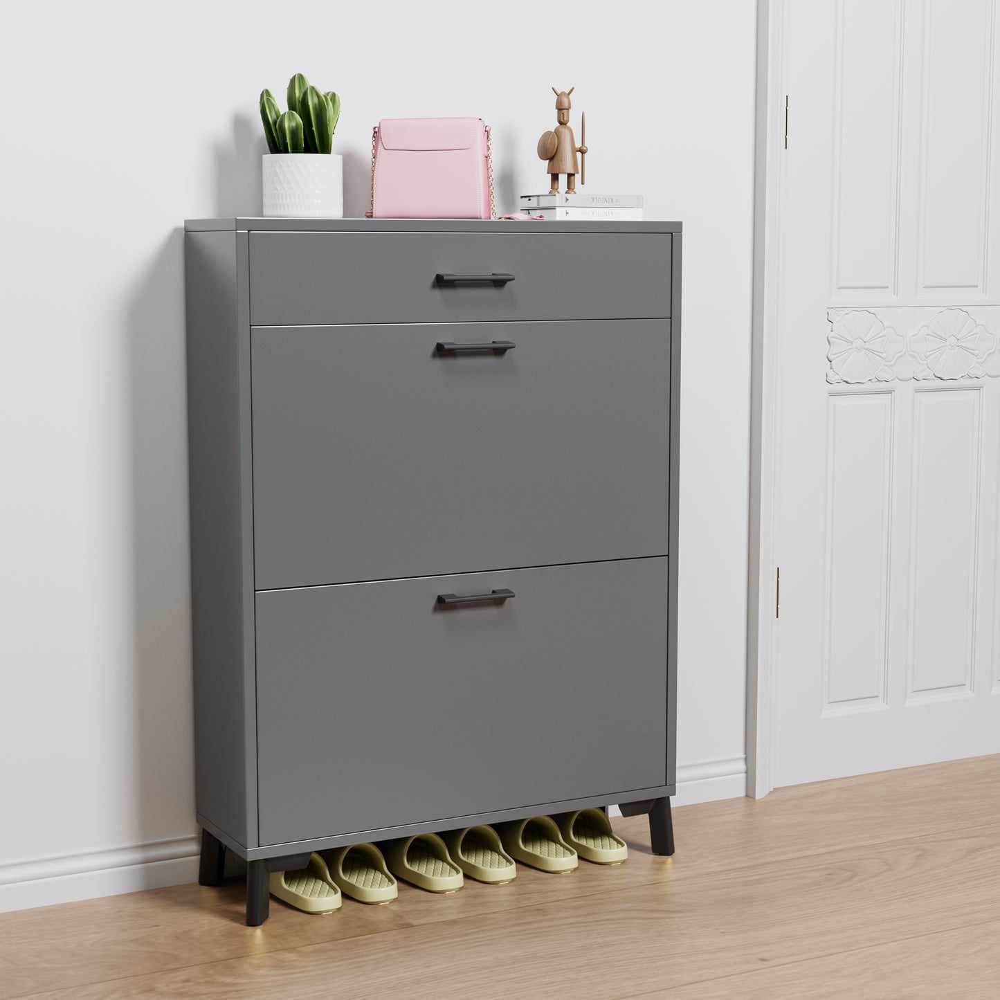 Shoe Storage Cabinet For Entryway, Free Standing Shoe Organizer With 2 Flip Drawers, Hidden Shoe Rack Storage Organizer For Doorway Hallway Closet, Gray