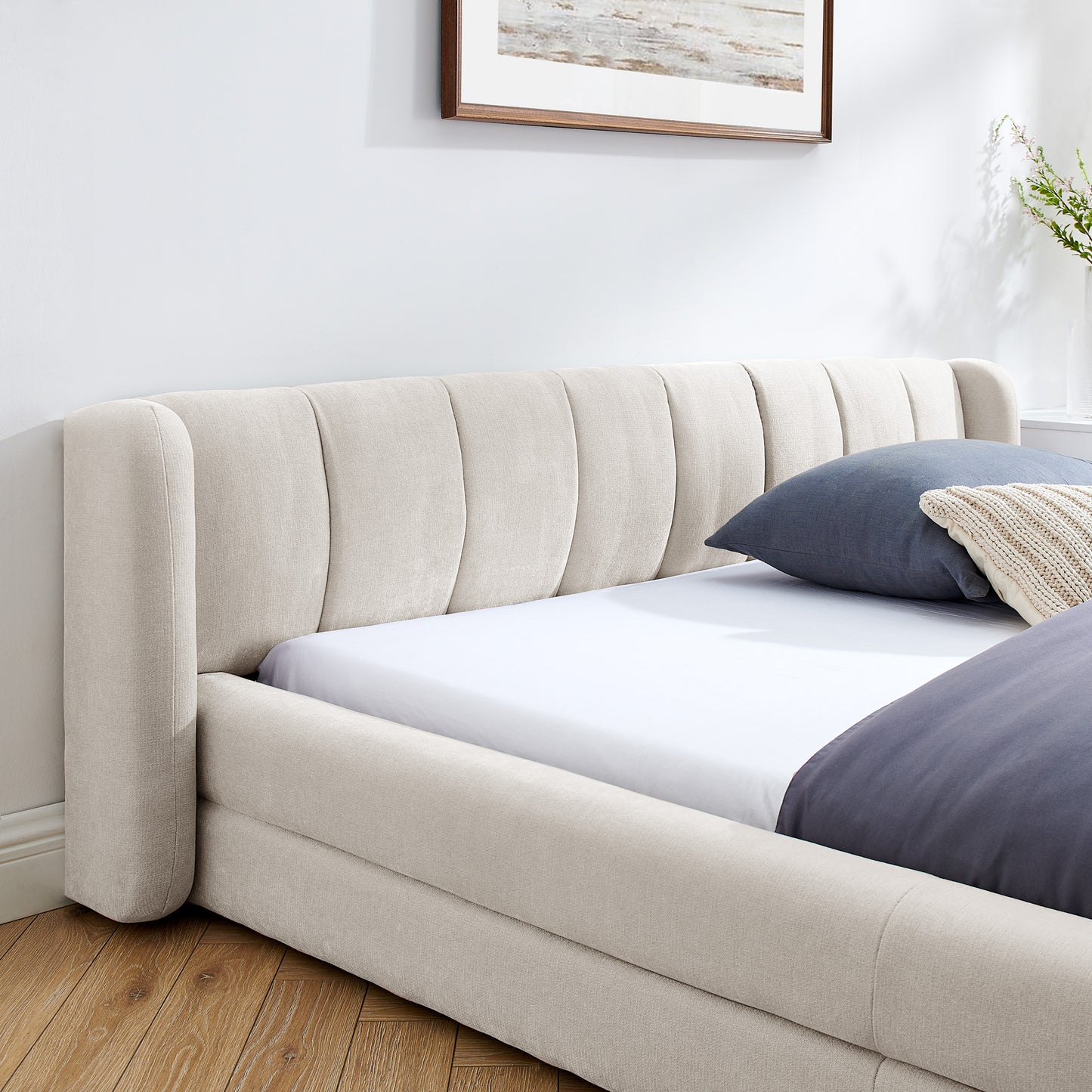 Queen Size Upholstered Bed Frame With Thick Fabric, Chenille Fabric Grounded Queen Size Platform Bed With Headboard And Solid Frame-Beige 87x67x23.5
