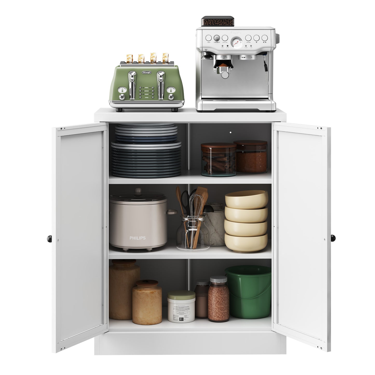 34.6  White Metal Pantry Cabinet With Adjustable Shelves - Freestanding Kitchen Storage Organizer With Easy-Grip Handles,  Assembly Required, Ideal For Kitchen, Dining Room, Apartment