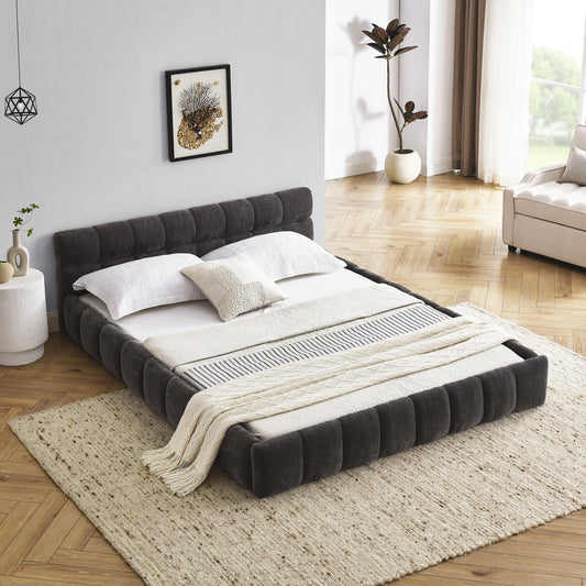 Queen Size Upholstered Bed Frame With Thick Fabric, Chenille Fabric Grounded Queen Size Platform Bed With Headboard And Solid Frame. No Box Spring Needed, Dark Grey 68x86.5x23.5