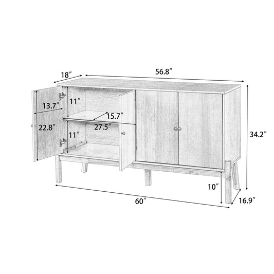 Vintage Sideboard Buffet Cabinet, 56.8 W X 18 D X 34.2 H, 4-Door Storage Cabinet With Metal Handles, MDF & Acacia Veneer, Brown Finish For Dining Room Or Living Room