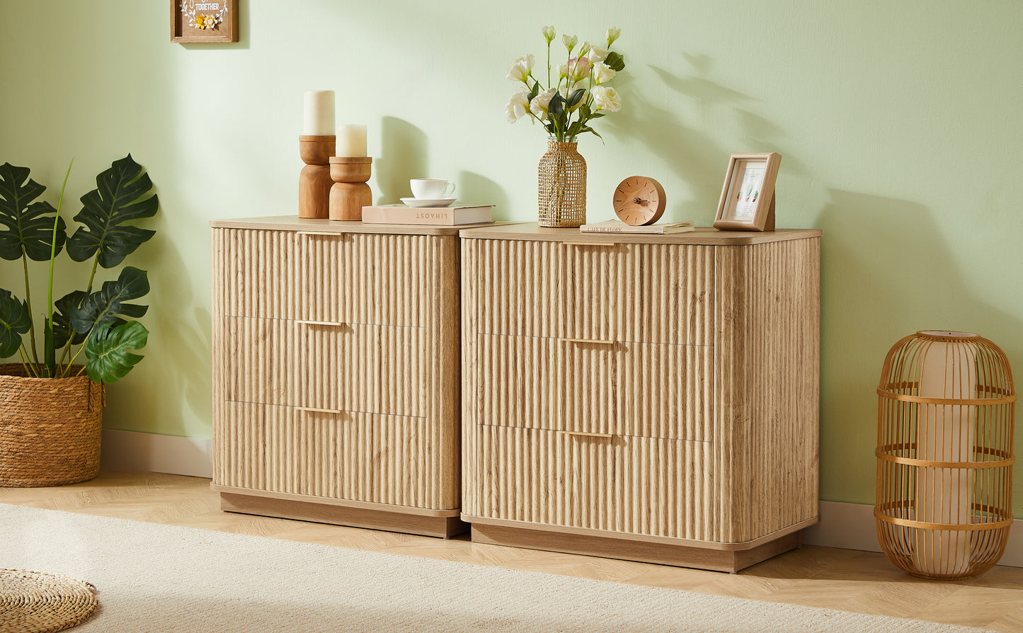 3 Drawers Drasser 2PCS, 27.6'' Wide Modern Chest Of Drawers Curved Wave Design,Nightstand,Wood Drawer Organizer For Bedroom, Living Room, Hallway, Oak,27.6''W X 15.8''D X 27.4''H.