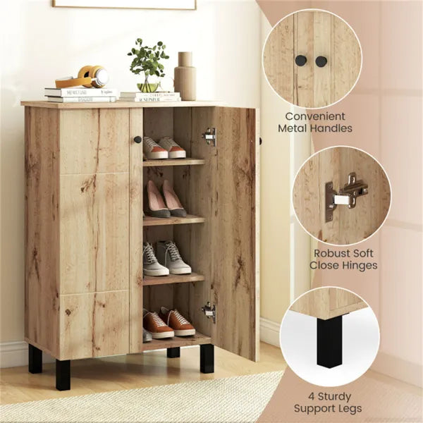 4-Tier Removable Shelf Shoe Organizer, Farmhouse Wooden Shoe Cabinet With Anti-Tip Hardware For Entryway