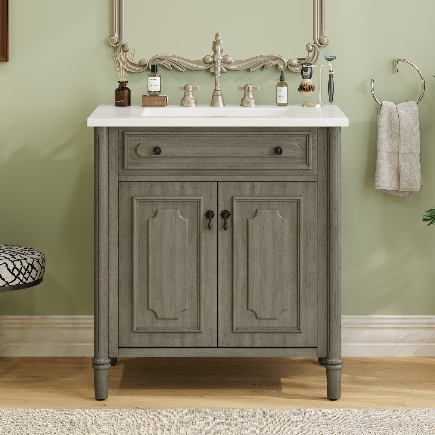 30 Inches Vintage Bathroom Vanity With Sink, Rustic Bathroom Cabinet With Soft Close Doors And Adjustable Shelf, Curved Profile Design, Rubber Wood Legs, Gray