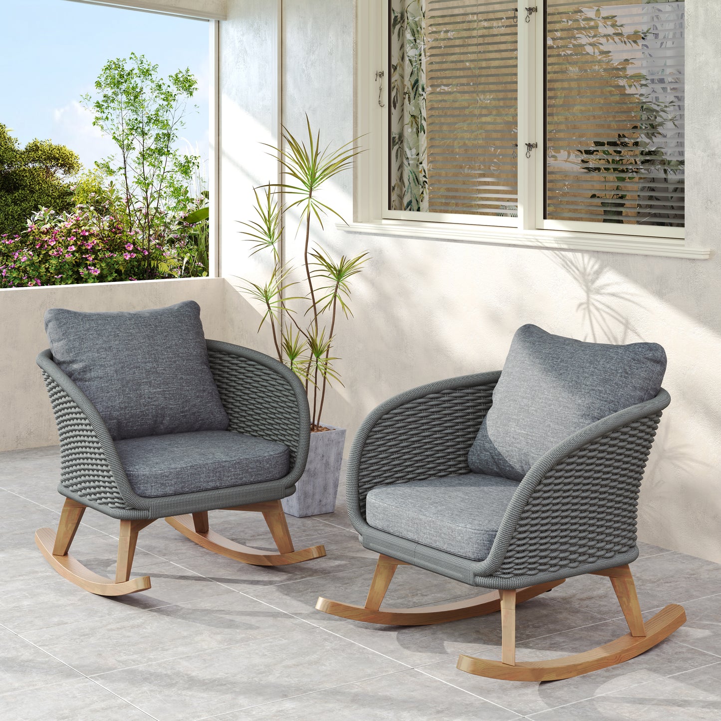 29.5  Contemporary Minimalist Gray Wicker Rocking Chair With Soft Polyester Cushions And Durable Wooden Frame, Perfect For Indoor And Outdoor Spaces Like Patio, Balcony, Or Living Room