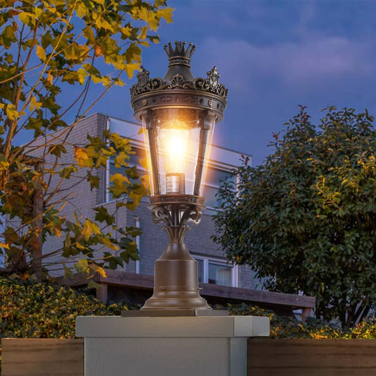 22 H Vintage Crown Outdoor Post Lantern, Waterproof Decorative Table Lamp With Clear Glass Shade And Antique Metal Base For Garden, Patio, Porch, Pathway Lighting One Piece&No Bulb