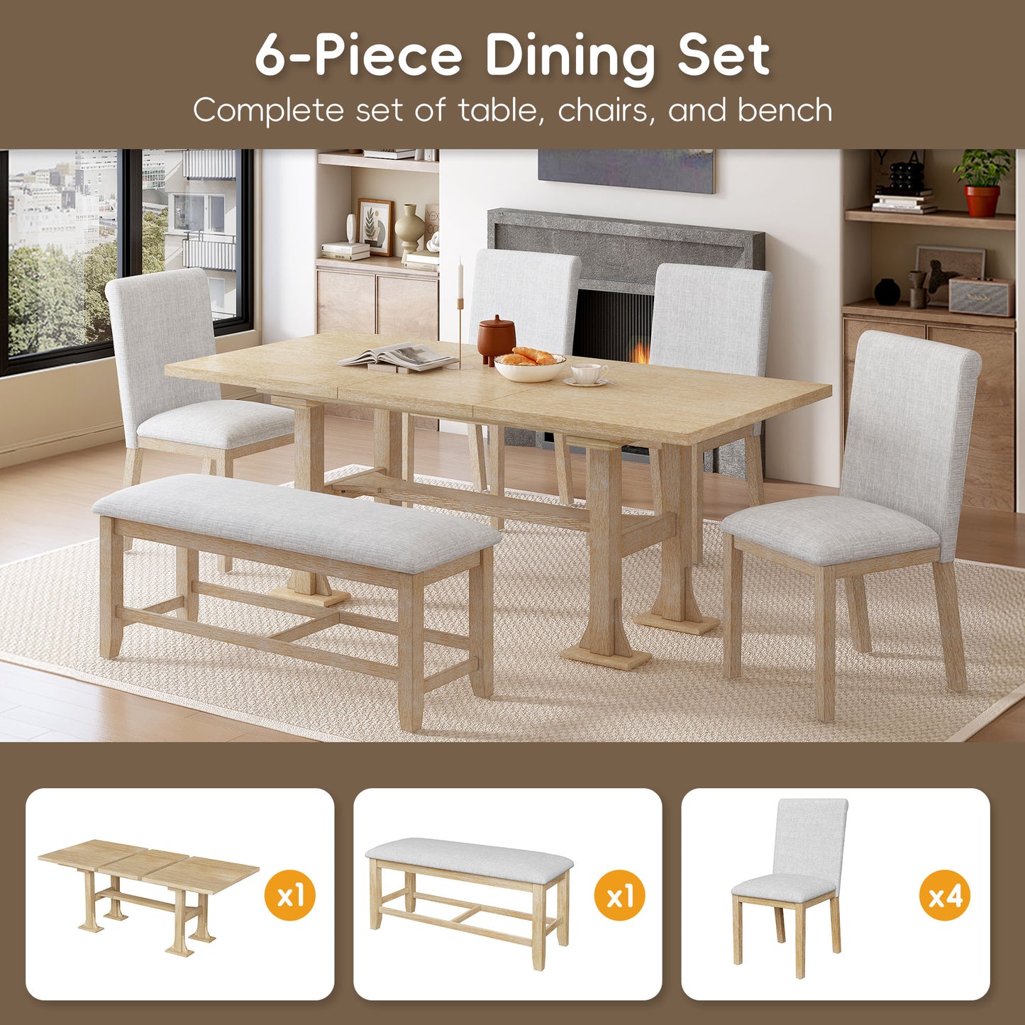 TOPMAX Farmhouse 76inch 6-Piece Extendable Dining Table Set Trestle Kitchen Table Set With 18inch Removable Leaf And Upholstered Dining Chair And Bench For Dining Room, Natural Light Gray