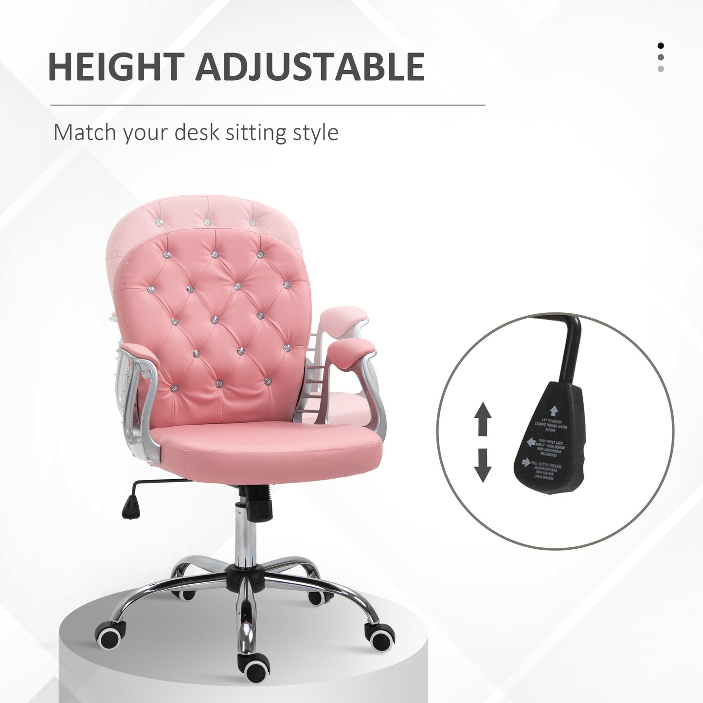 PU Leather Home Office Chair, Button Tufted Desk Chair With Padded Armrests, Adjustable Height And Swivel Wheels, Pink