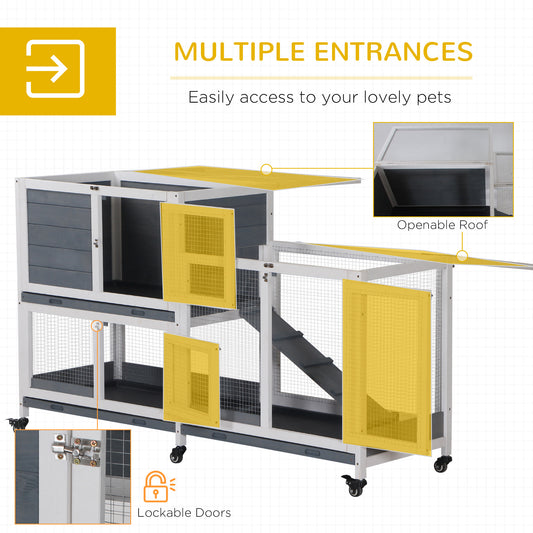 Wooden Rabbit Hutch Bunny Hutch Elevated Pet House Cage Small Animal Habitat With No Leak Tray Lockable Door Openable Top For Rabbits, Chickens, Ducks, Indoor 57.75" X 18" X 32.5" Gray