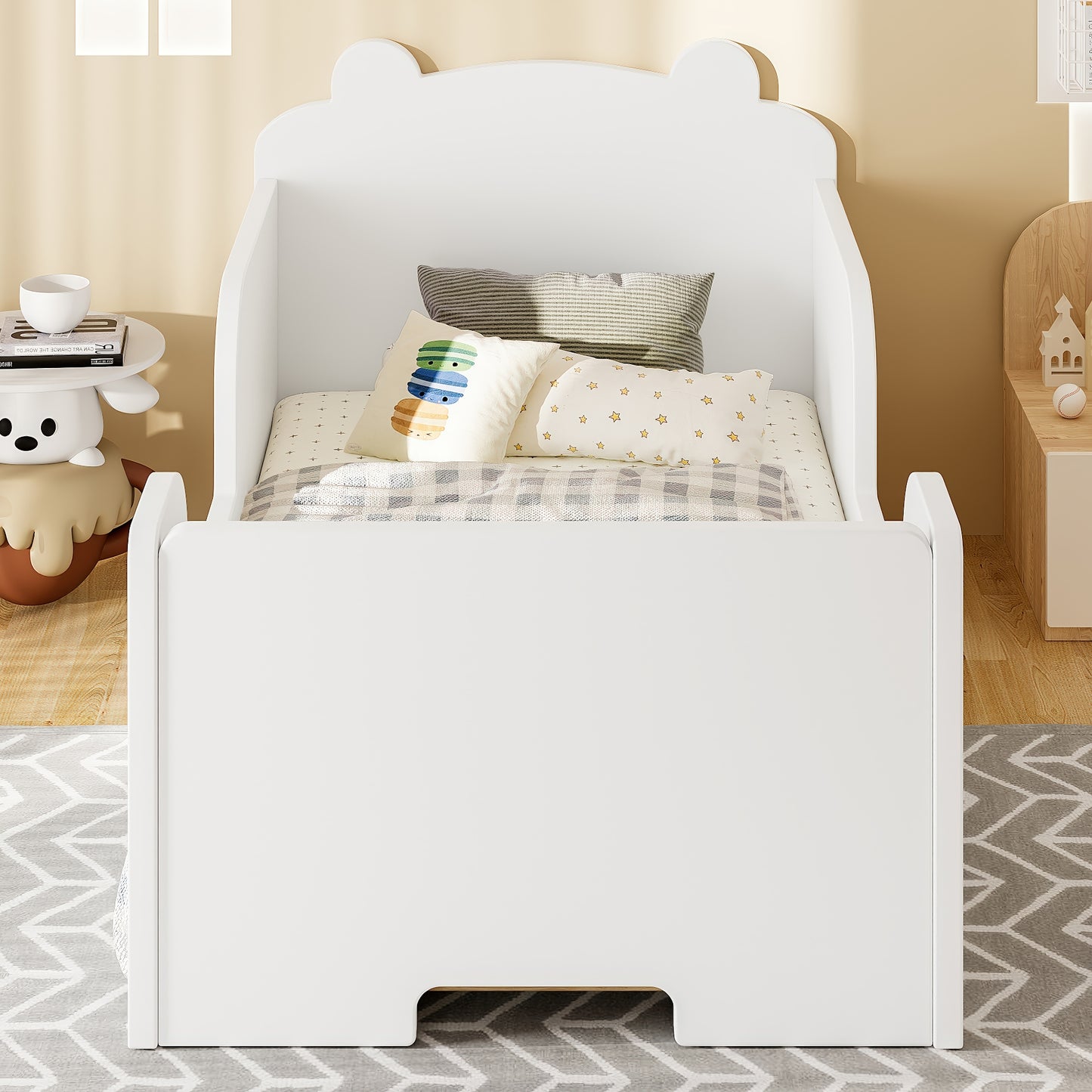 Toddler Floor Bed Frame, Cot Bed For Boys And Girls Ages 3-6, Bear Shape Toddler Bed, White