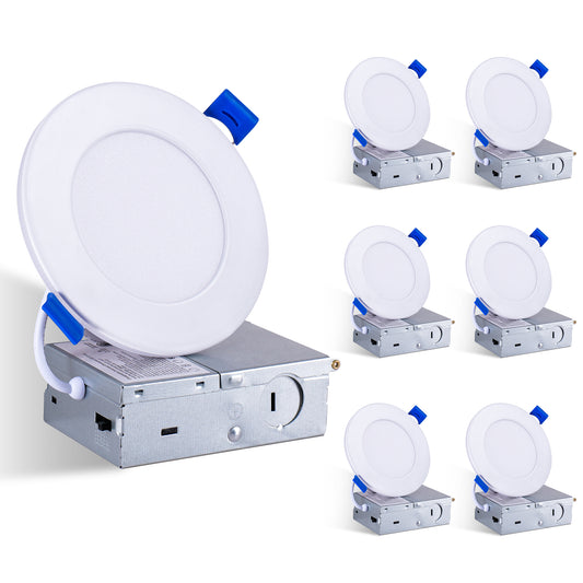 6 Pack 4 Inch White LED Recessed Light, Dimmable, 2700K-5000K 5CCT, 800LM High Brightness, 9W 120V, Ultra-Thin Canless Wafer Light