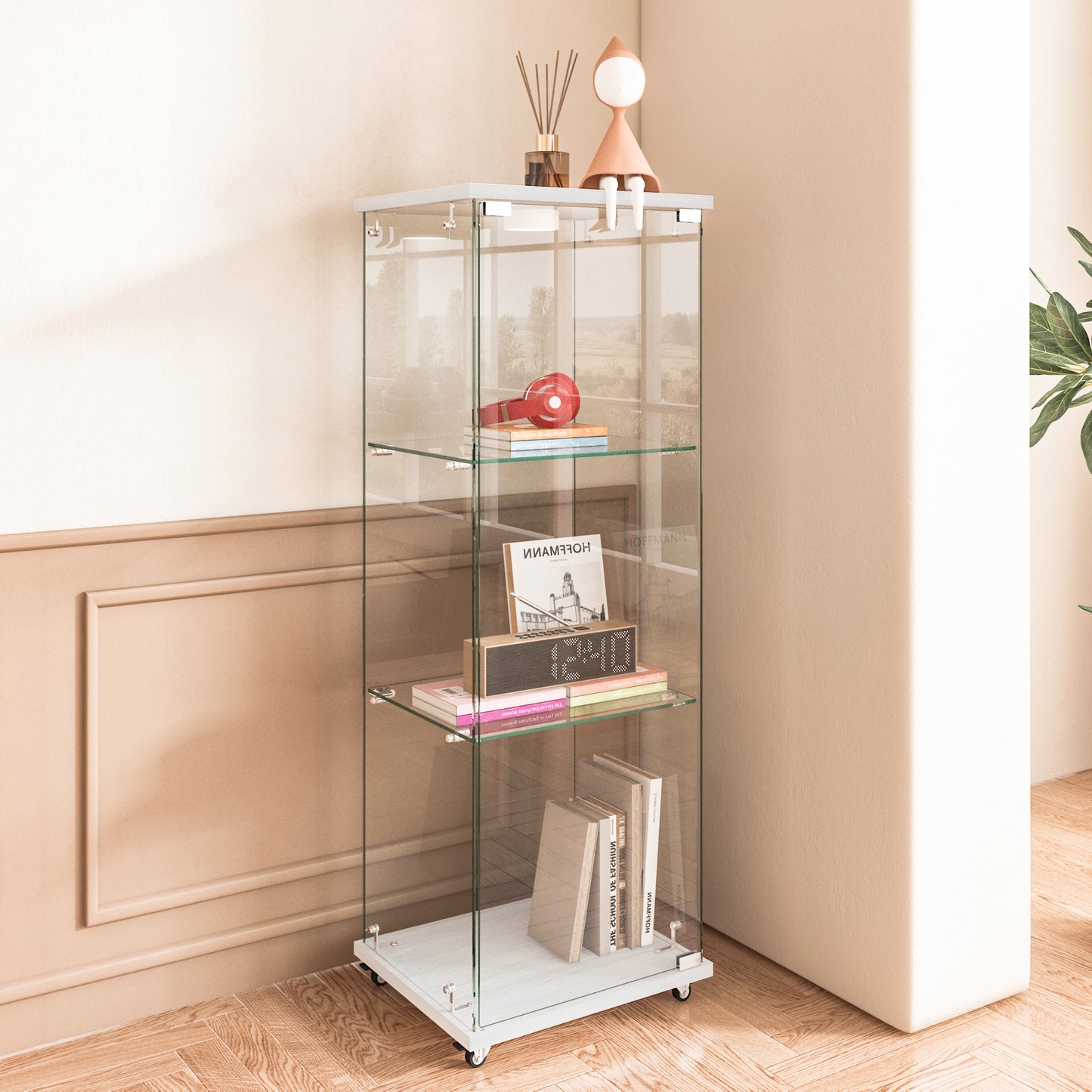Modern Glass Display Cabinet With LED Lights, Quick-assembly Antique Cabinet, Tempered Glass Bookshelf, Suitable For Living Room And Bedrooms, 1-door 3-shelf, White
