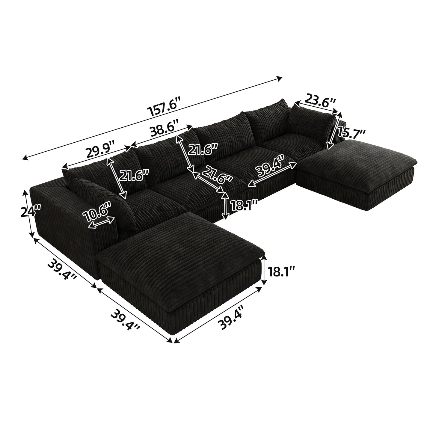 157.6Cloud Sofa,Corduroy Fabric,Deep Seat Couches,Double-layer Design,Removable  Cushion,No Assembly,DIY Combination For Living Room, Bedroom,Conference Room ,Apartment,Black