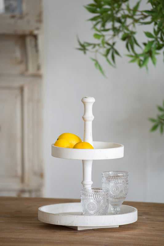 D11.8x15.4  Two- Tiered Round Wooden Tray  White