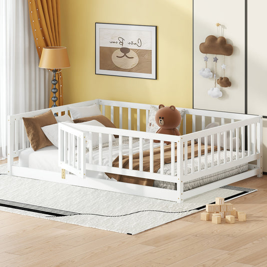 Full Size Floor Bed With Slats, Montessori Floor Bed With Fence And Door, Kids Montessori Bed Full Size, Wood Montessori Floor Bed For Kids, Girls, BoysWhite