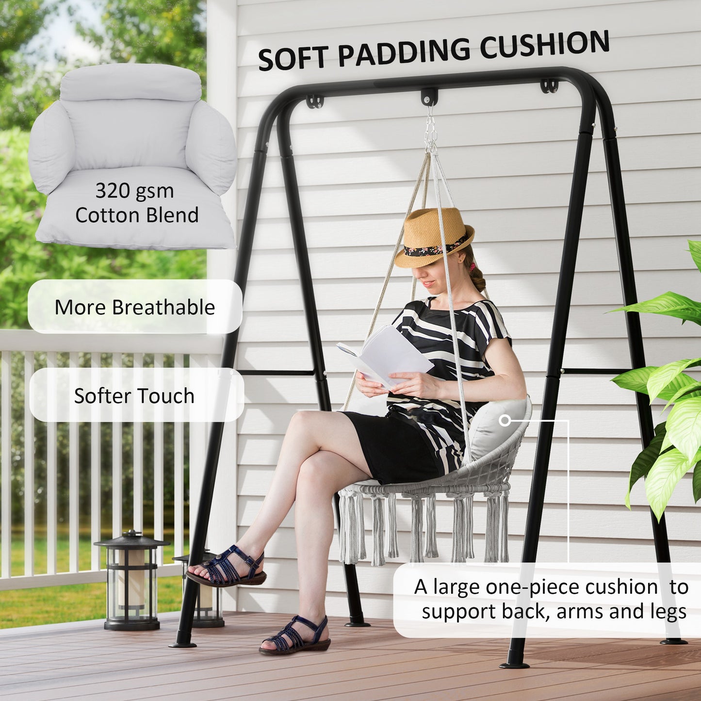 Hammock Swing Chair, Macrame Hanging Chair With Large Cushion, Chain, Steel Frame For Indoor Outdoor Use, Gray