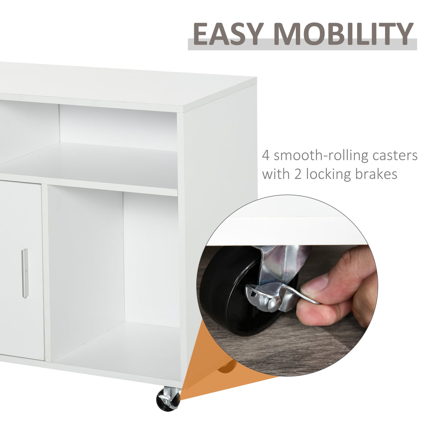Printer Stand Home Office Mobile Storage Cabinet Organizer Desktop With Caster Wheels, 2 Locking Breaks And Drawer, White