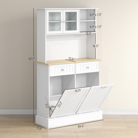 Kitchen Cabinet With Charging Station, 2 Tilt Out Cabinets, Microwave Stand, Freestanding Kitchen Pantry Cabinet, White