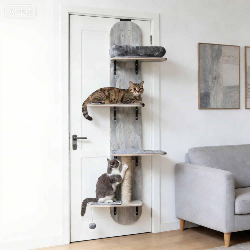 Door Hanging Cat Climber 4-level Height Adjustable With Plush Bed Teasing Ball Jute Rope Scratching Post