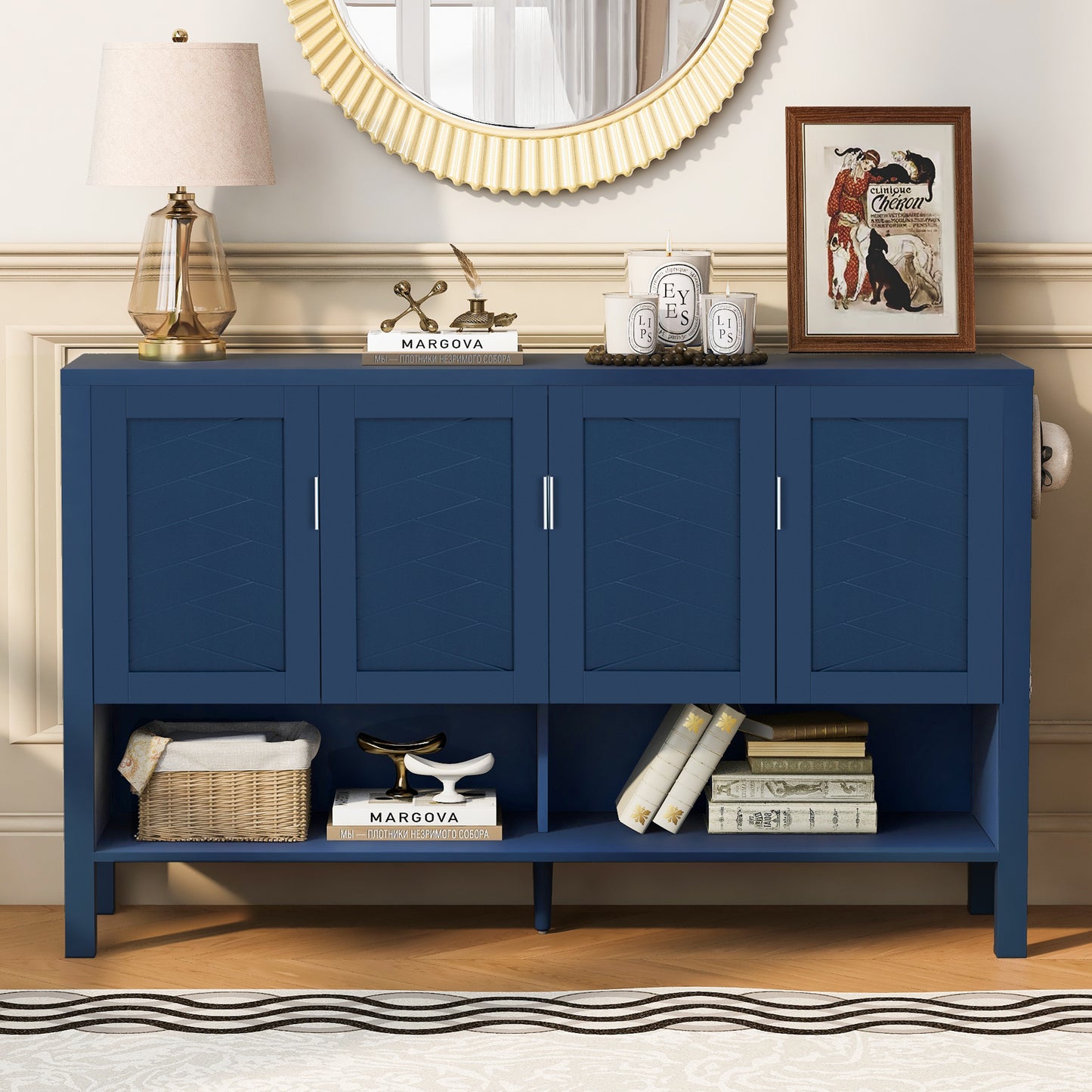 U-STYLE 55.1 Storage Sideboard With 4- Doors Multi Functional Buffet With Open Shelf And 2- Tiers Adjustable Shelves Modern Cabinet With Double Hooks Suitable For Living Room  Hallway  Dining Office.