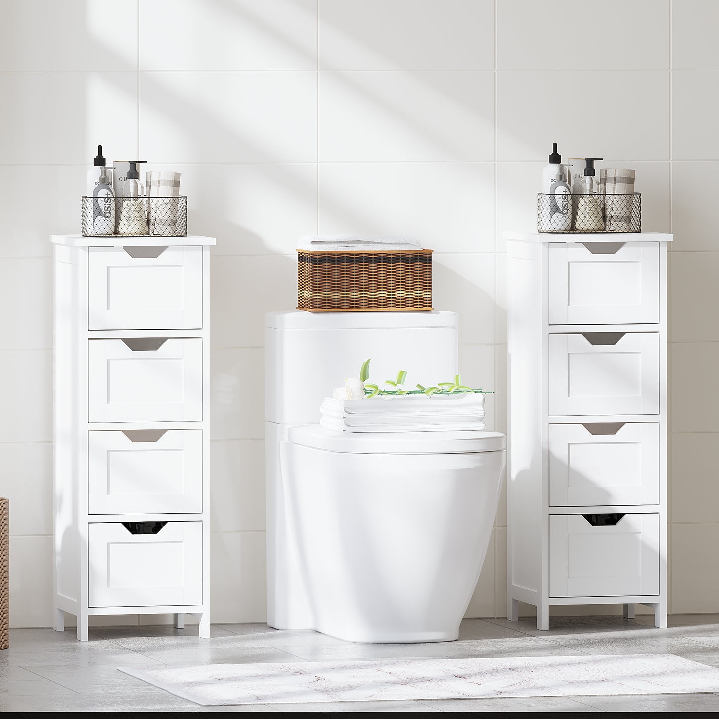 Bathroom Floor Cabinet With 4 Drawers, Freestanding Wooden Storage Organizer For Bathroom, Hallway Or Living Room, Narrow White Side Cabinet With Space-Saving Vertical Design, White