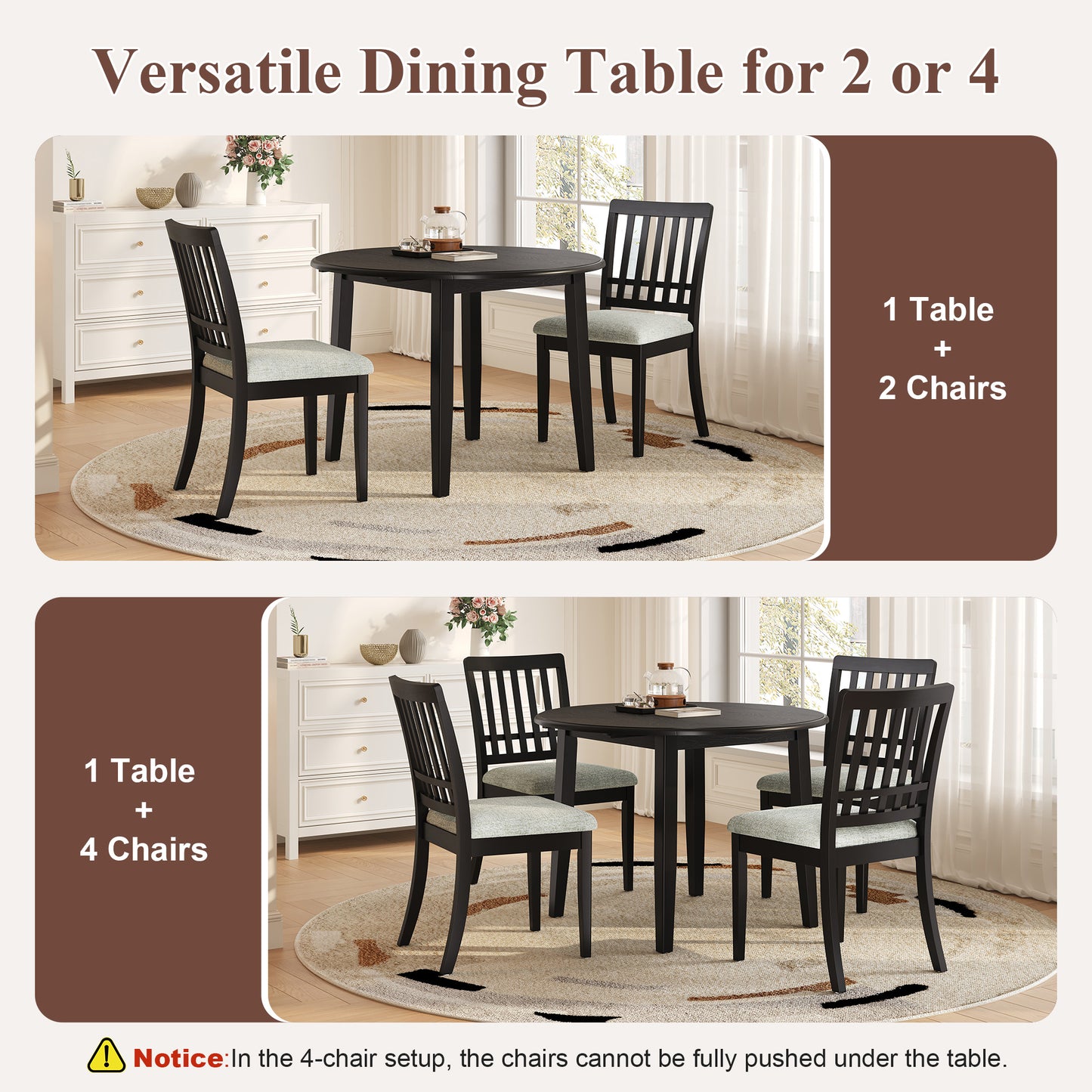 3-Piece Round Dining Table Set For 2 People, 1 Folding Wood Dining Table   2 Upholstered Chairs, Space-Saving Design For Small Apartments And Dining Areas - BLACK