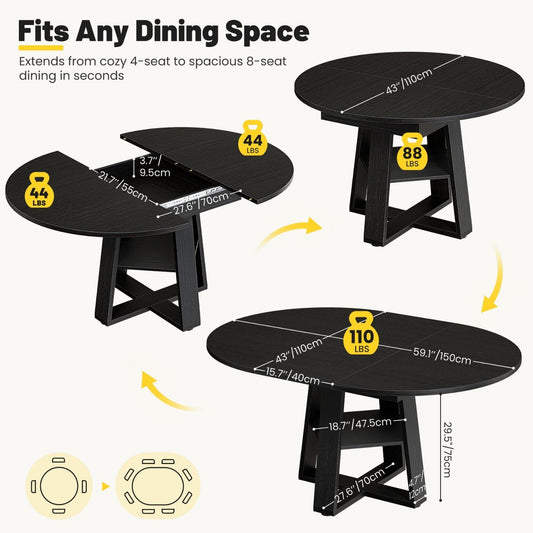Extendable Oval Dining Table For 4-8, Modern Kitchen Table With Storage Shelf, Wood Pedestal, Space Saving Modern Style