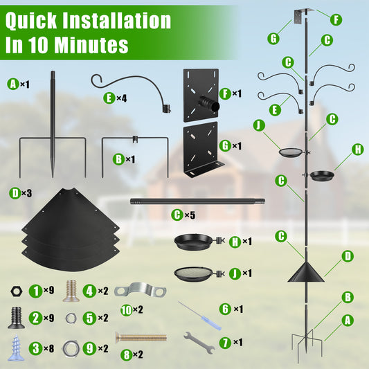 1Pc 94Inch Squirrel Proof Bird Feeder Pole Heavy-Duty Bird House Pole Outdoor Bird Feeding Station With 5 Adjustable Heights 4 Shepherd Hooks Top & Side Mount Brackets 5-Pronged Base