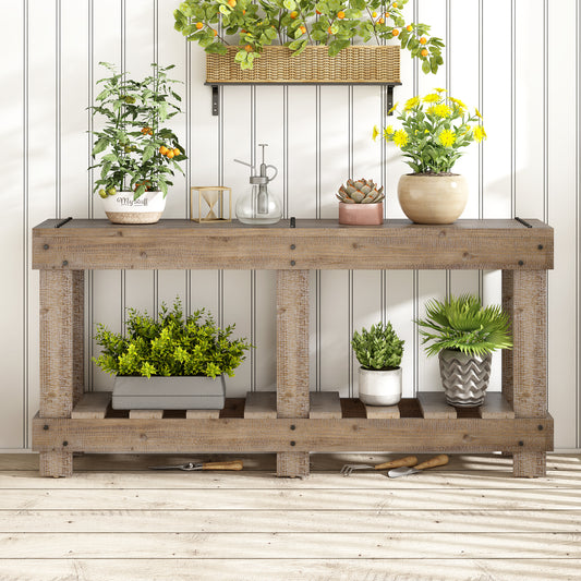 U-Style 62.9  Vintage Entryway Table -  Fir Solid Wood With Natural Grain  6 Reinforced Legs & 4.5  Thick Desktop  Metal Rivet Decor & Plank Under- Shelf  Console Table For Hallway  Living Room