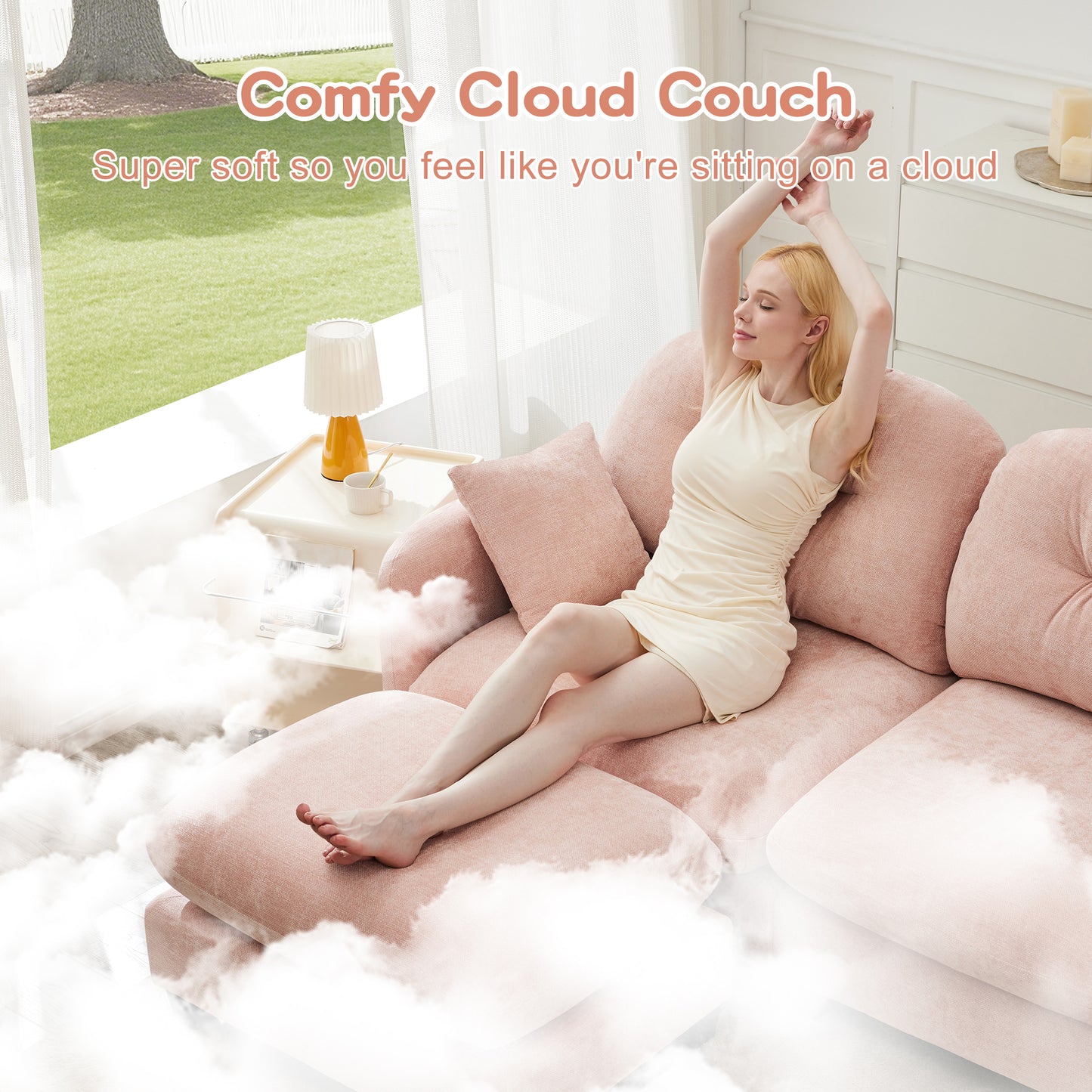 Cloud Sectional Couches,Premium Chenille Fabric Paired With Soft Throw Pillows,Quilted Pleated Design High-Density Foam Ergonomic Design Easy Install Elegant Armrests,Fits Bedrooms,Pink