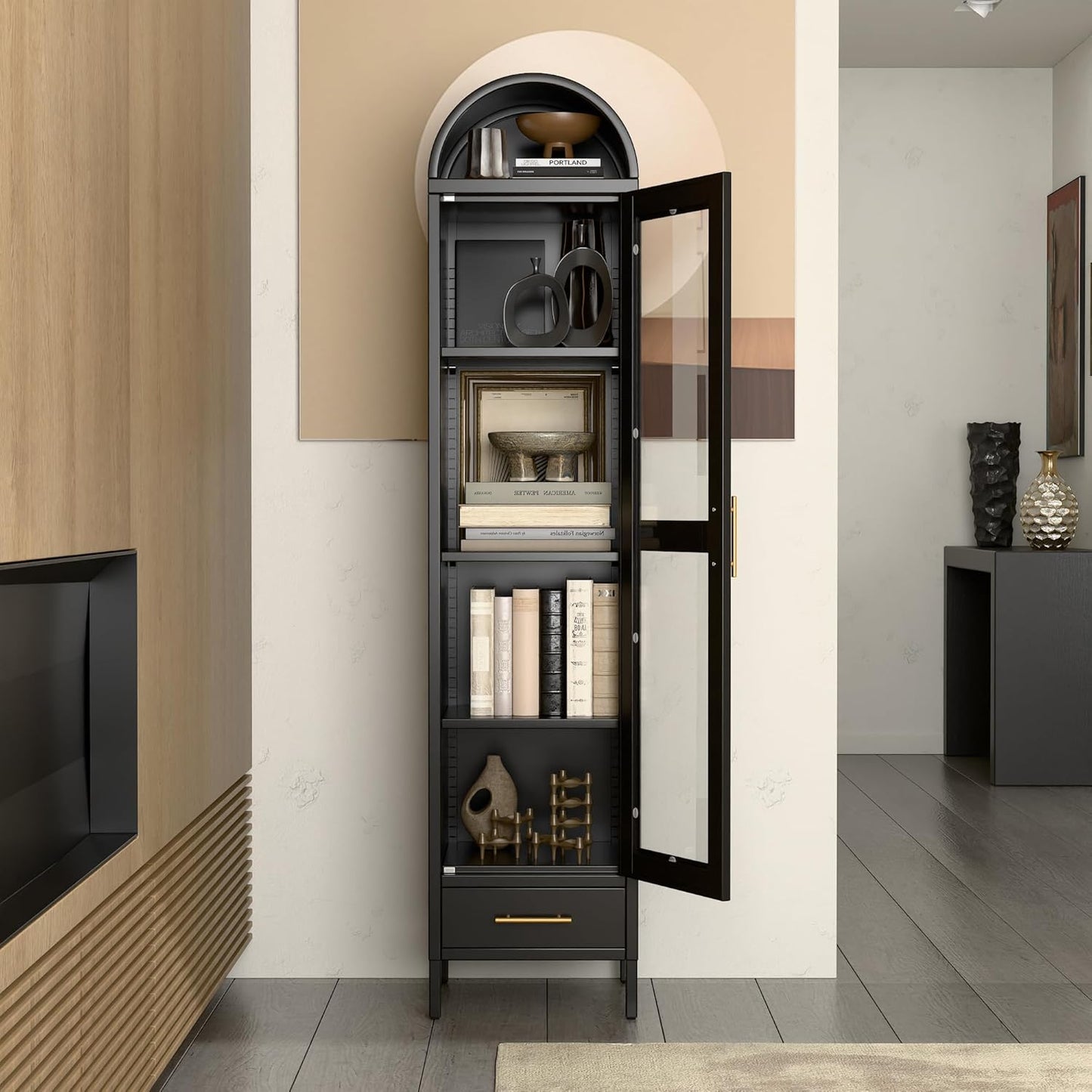 Metal Arched Bookcase Cabinet, Arch Display Storage Cabinet With Glass Doors & Shelves And 1Drawer For Living Room, Kitchens,Office, Black, Assembly Required