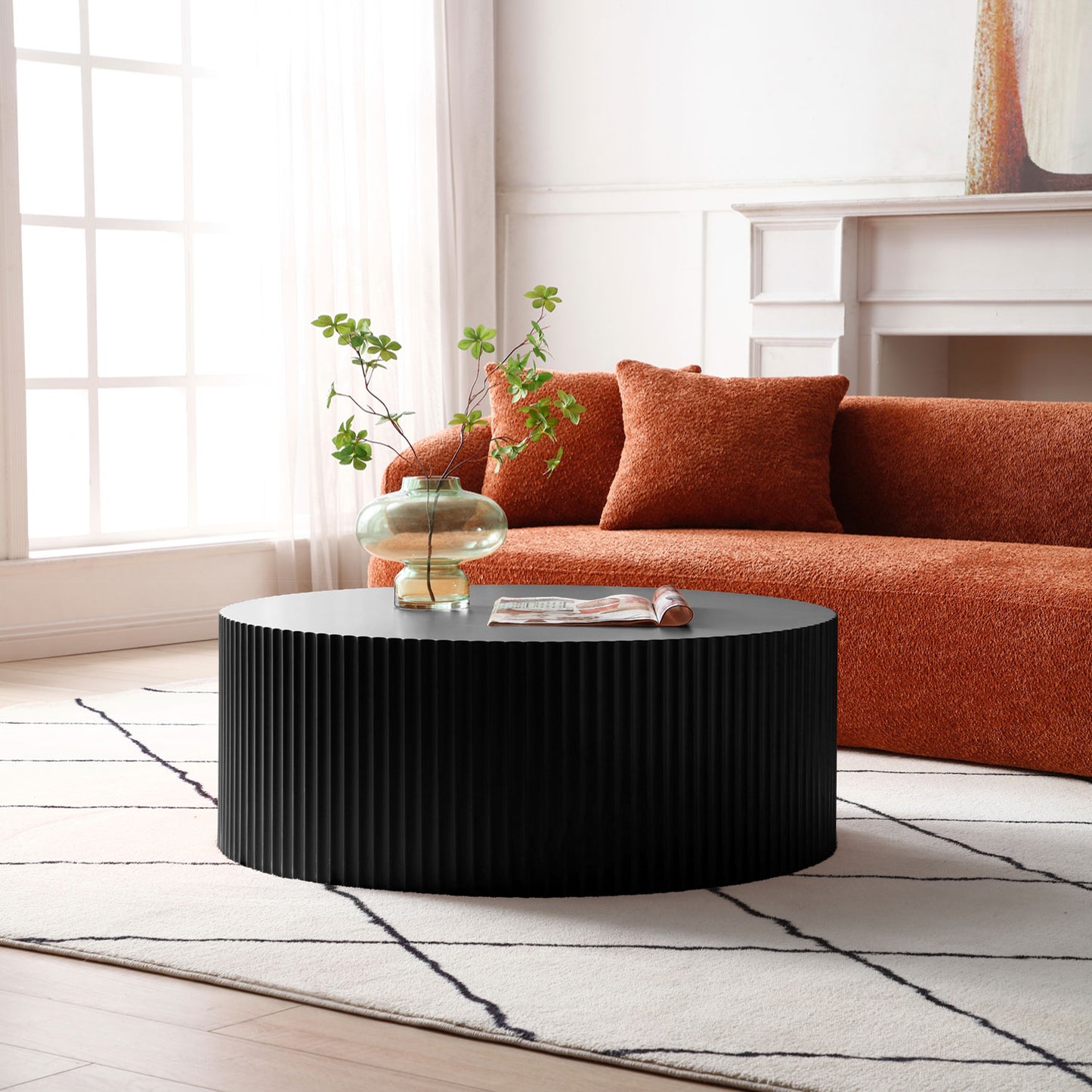 Sleek And Modern Round Coffee Table With Eye-Catching Relief Design, Black Same Sku W87676996