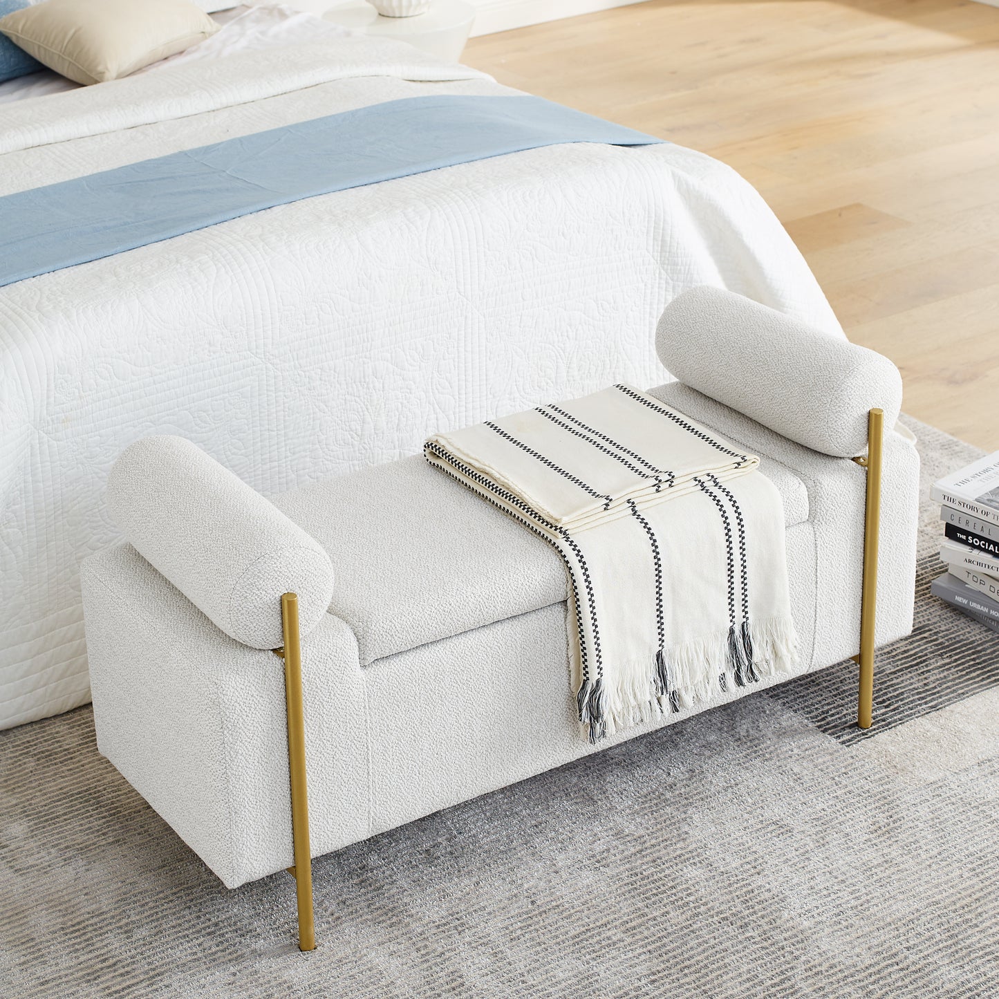 Elegant Upholstered Linen Storage Bench With Cylindrical Arms And Iron Legs For Hallway Living Room Bedroom, White