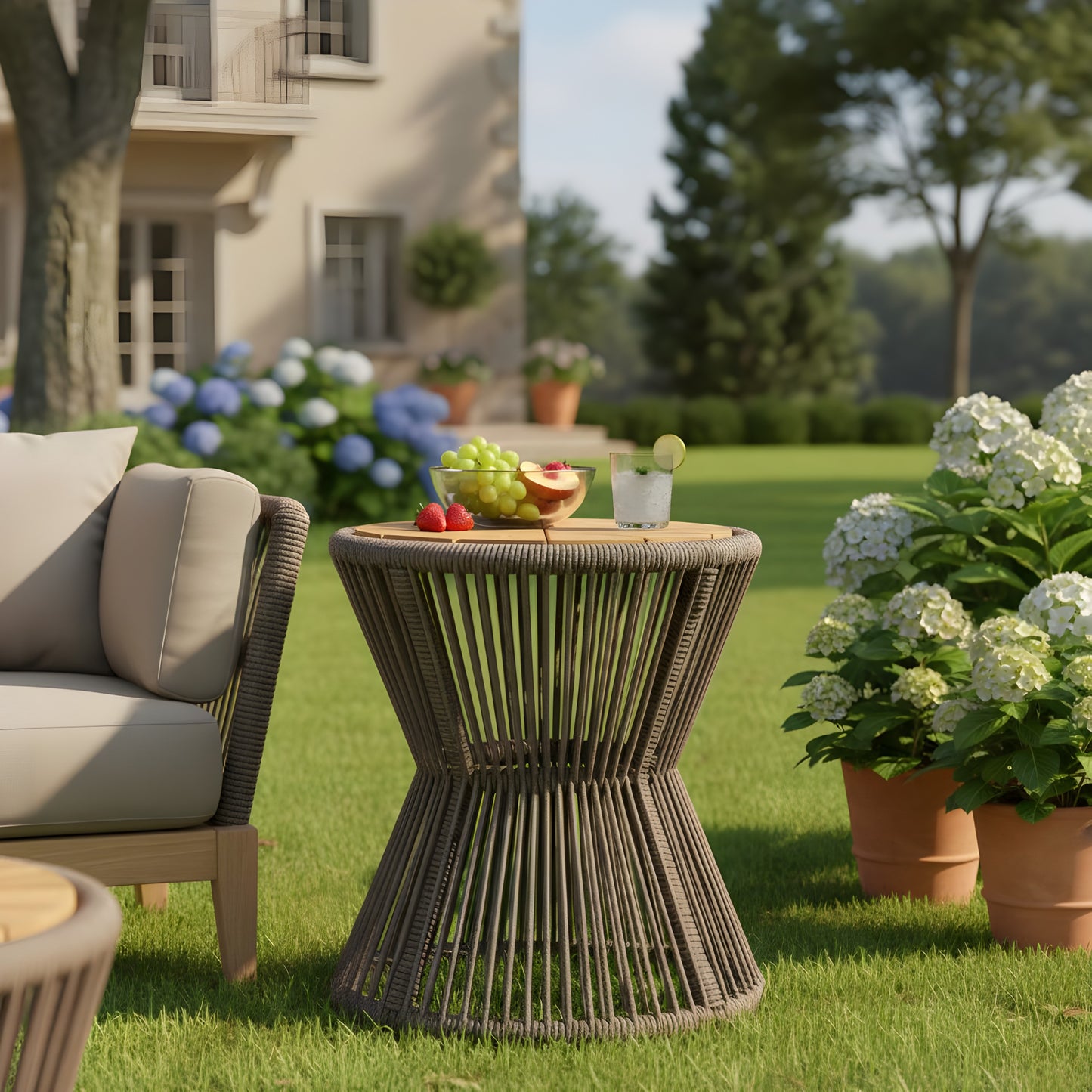Outdoor Side Table, Dark Grey Rope & Acacia Wood, 18.90  Height, 16.14  Diameter, Elegant Hourglass Design, Weather Resistant, For Patio, Deck, Garden, Balcony, Modern Minimalist Style