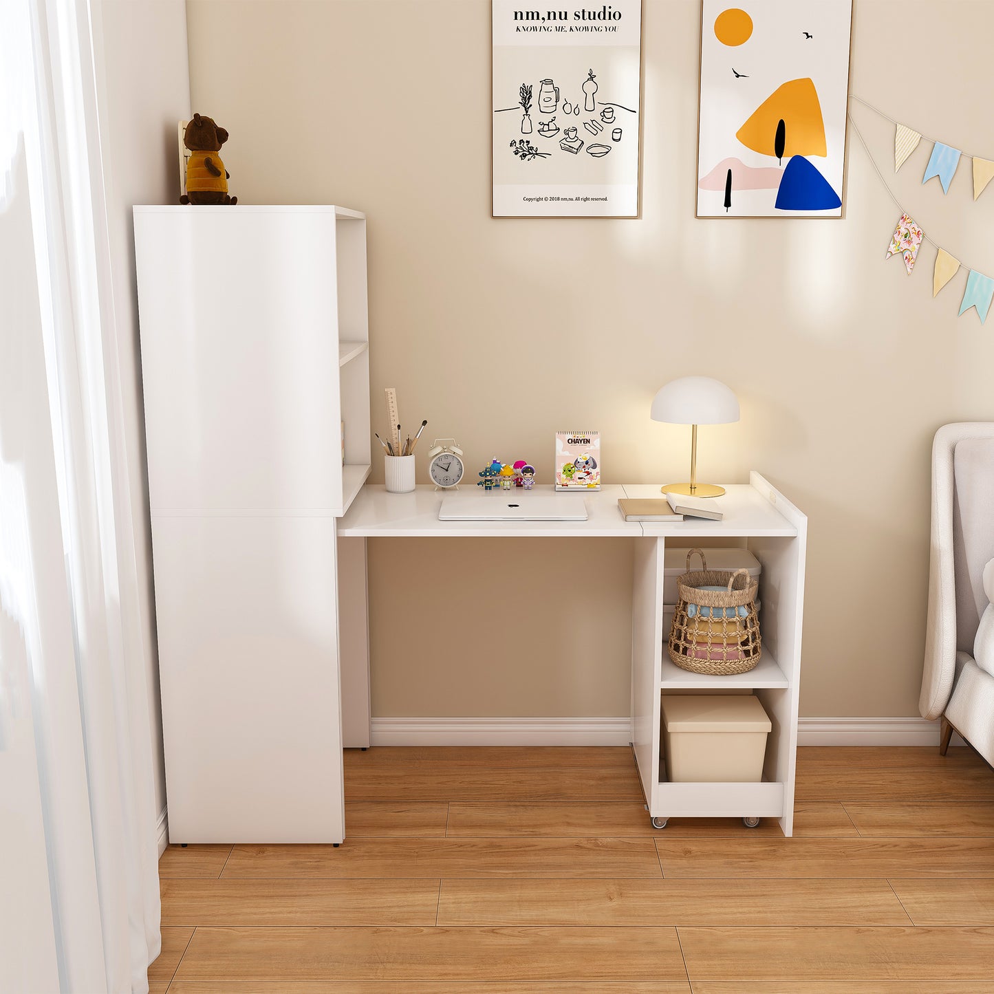Stretchable Desk  Office Desk With Storage Shelves And Mobile Wheels  Foldable Desk Suitable For Small Apartments And Offices  White