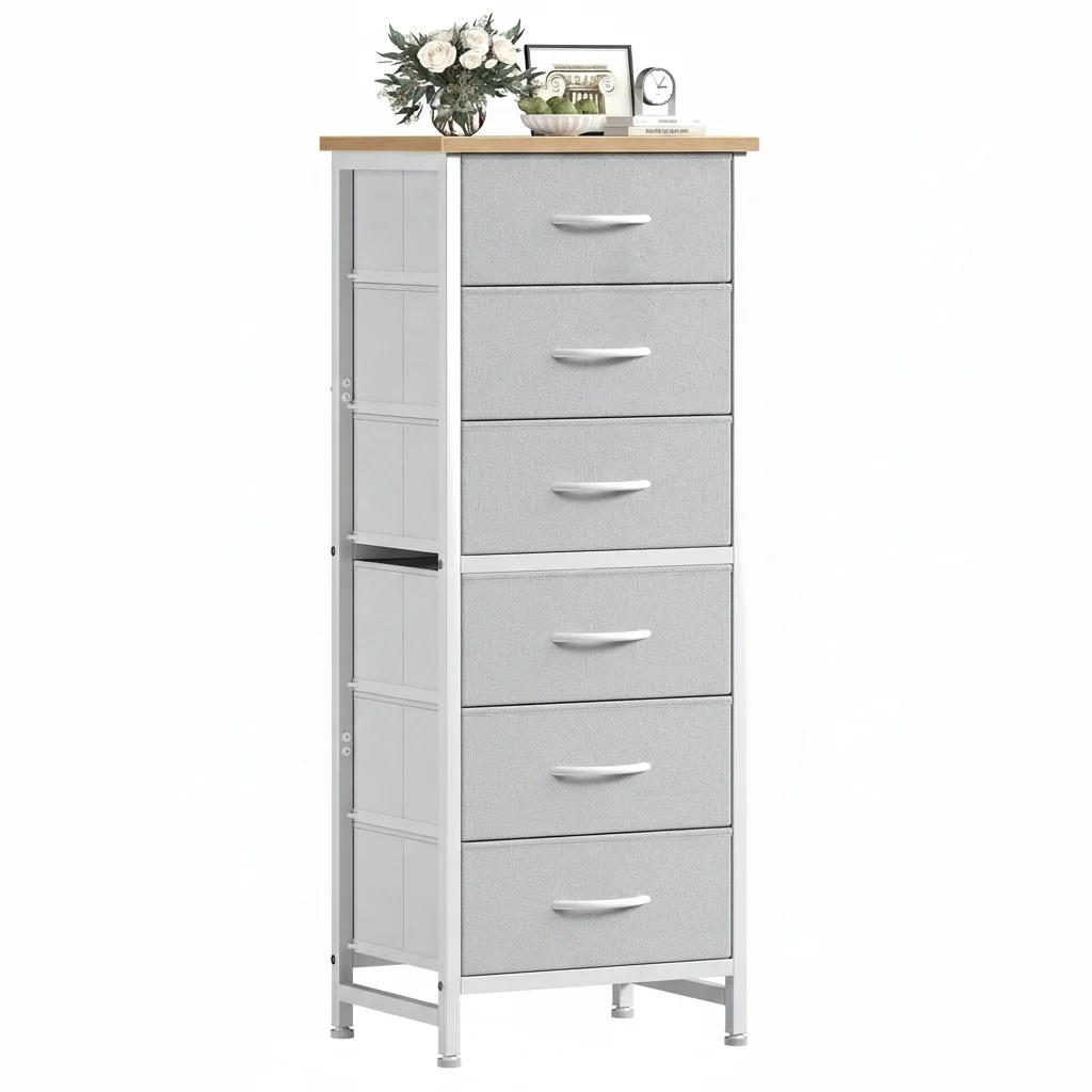 High Cabinet-style Storage Cabinet, Equipped With 6 Fabric Drawers, Metal Frame With Cross-bracing Rods, Anti-toppling Design, And Wooden Tabletop