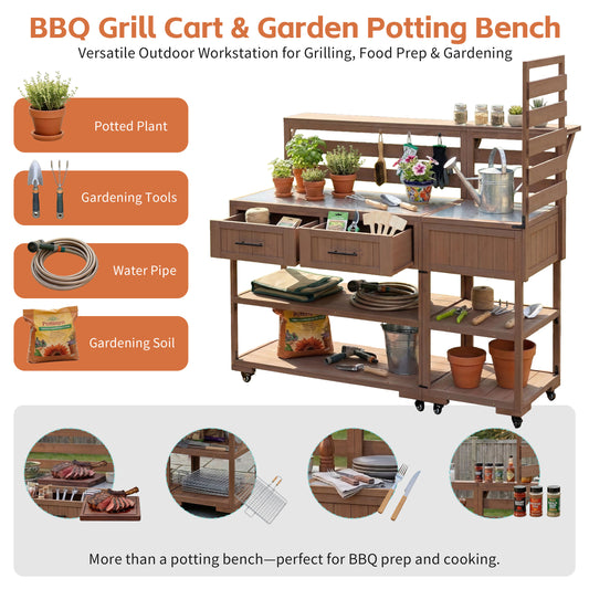 With Assembly Video  TOPMAx 62.3  Patio Kitchen Island Solid Wood Kitchen Cart With Stainless Table Top  Garden Potting Bench With Raised Shelf And Drawers  Grill Prep Table For BBQ  Party  Brown