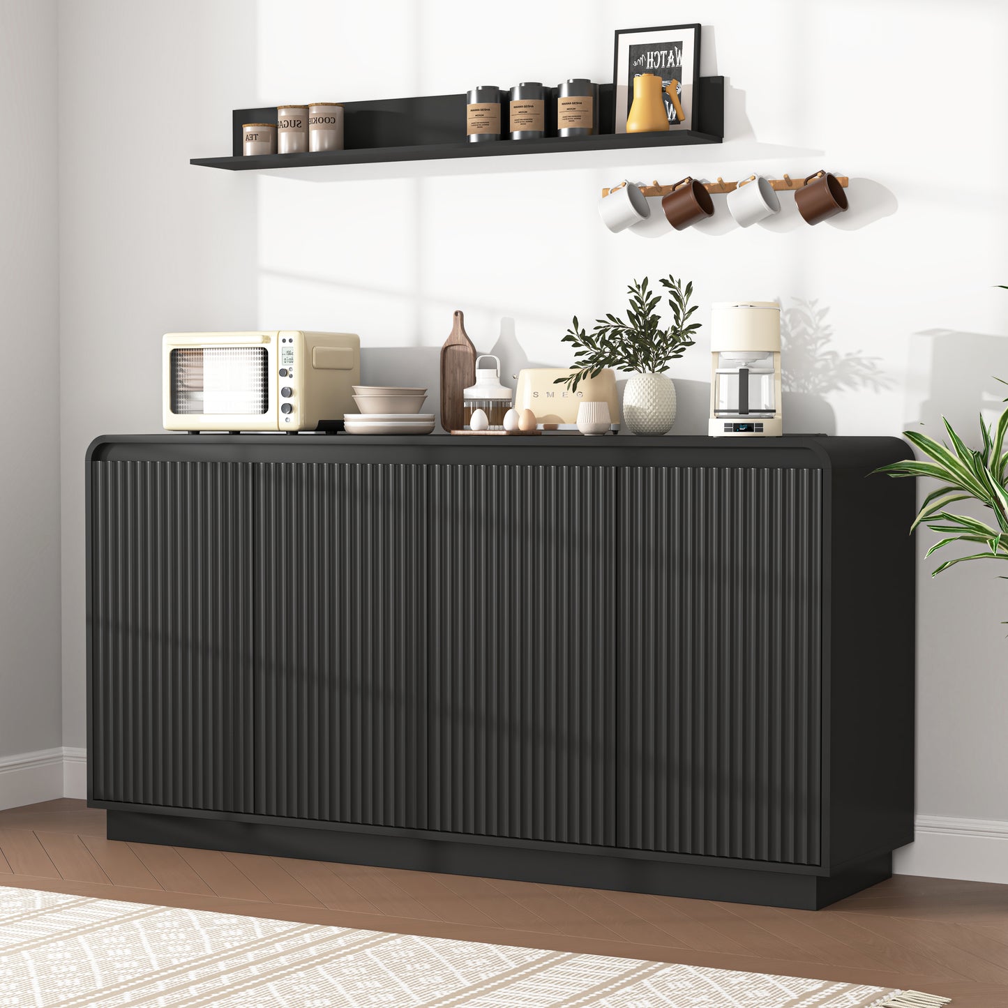 Black 4-Door Fluted TV Stand With Power Outlet, Handleless Wave Design Entertainment Center, Adjustable 3-Tier Particle Board Storage Cabinet, Multi-Functional Media Console & Buffet Sideboard