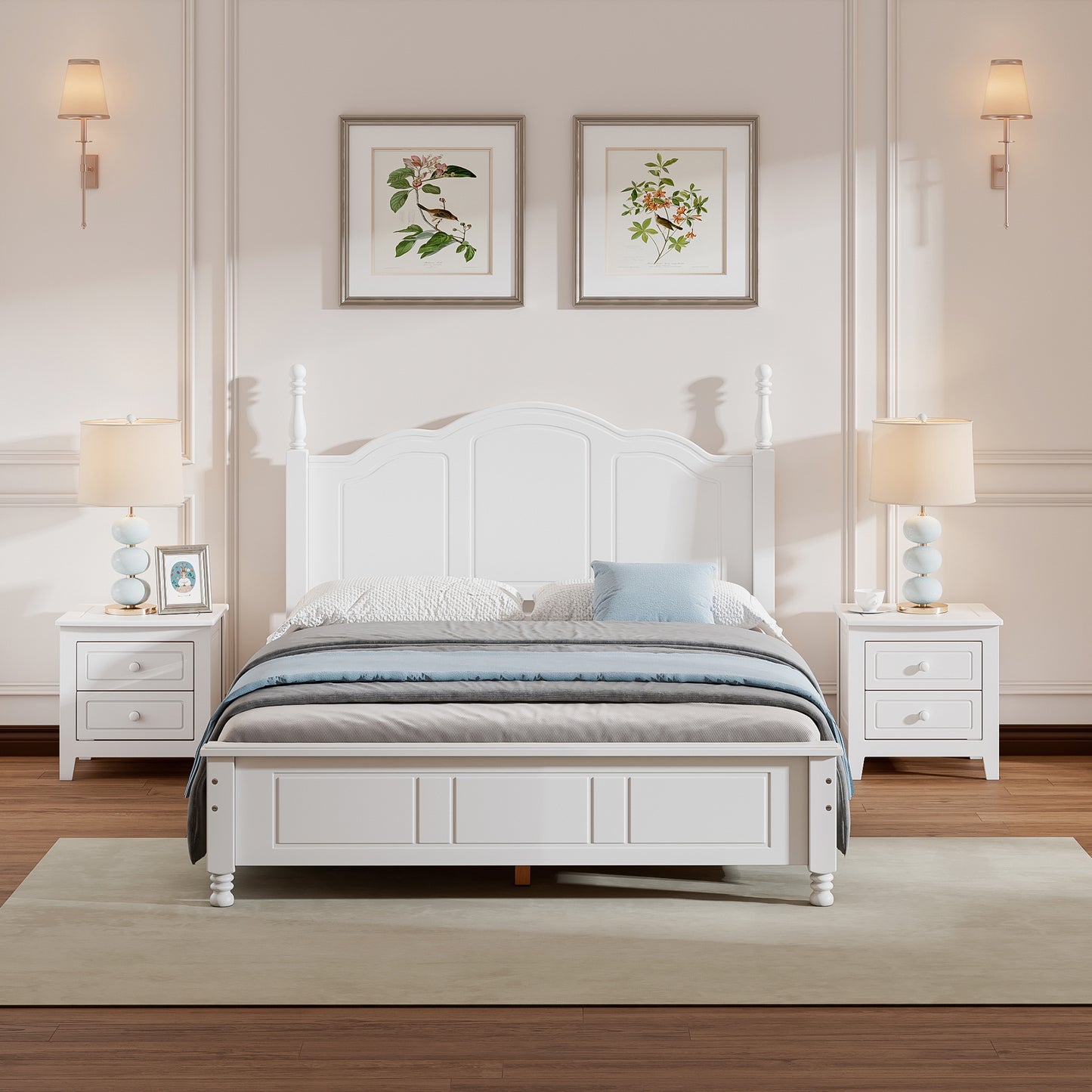 3-Pieces Bedroom Sets,Full Size Wood Platform Bed And Two Nightstands-White