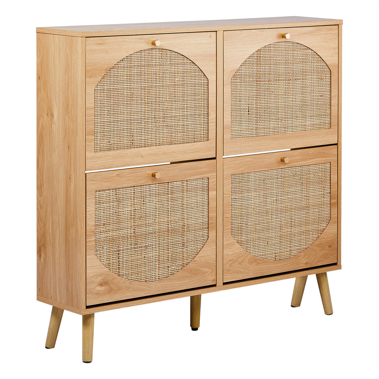 2 Rows Of 4 Dump Buckets With High Feet Arched Rattan Surface Shoe Cabinet Density Board With Triamine 105X24X98cm Original Wood Color