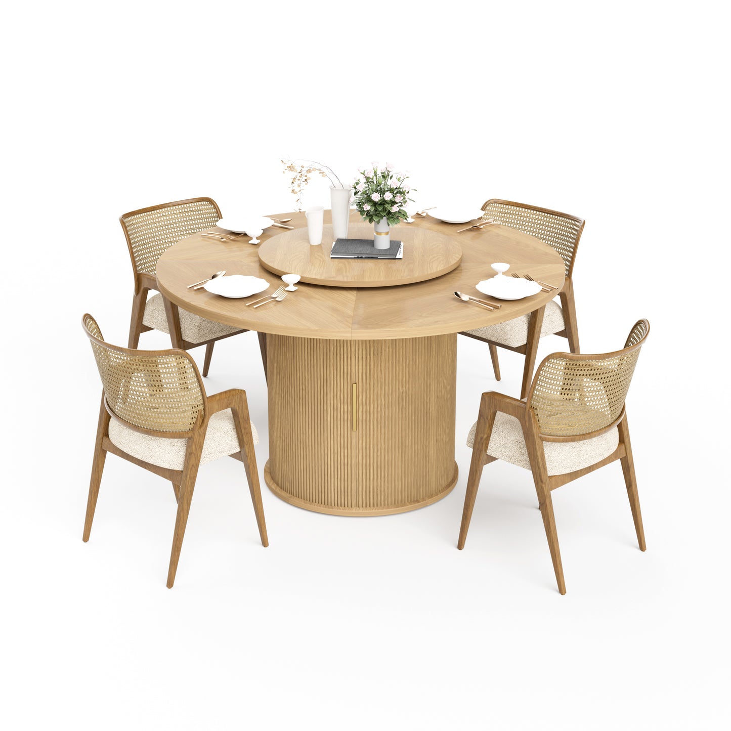 55-inch Round Dining Table For Six, Featuring A Double-tiered Storage Rack And A Rotating Tabletop Tray. Wooden Wavy-striped Sliding Doors. Ideal For Home Dining Room Living Room  Natural.
