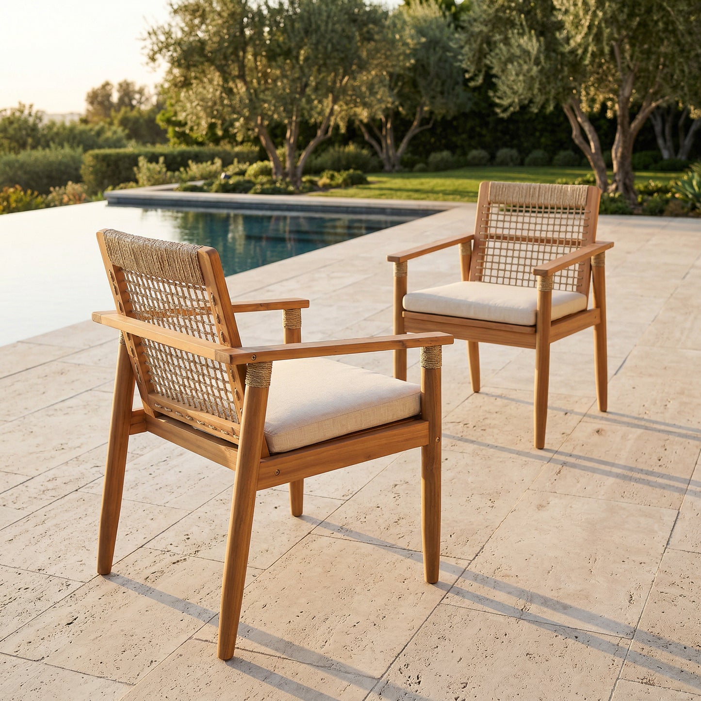 Outdoor Dining Chairs Set Of 2, Acacia Wood Patio Armchair With Multi Brown Rope Design Back And Arms And Beige Washable Cushion,for Backyard, Poolside, Garden,Light Teak