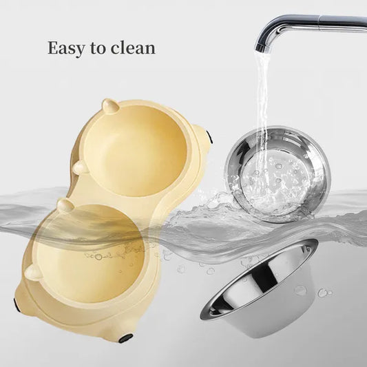 Anti Slip Base Double Cat Food Bowl, Yellow Stainless Steel Food And Water Bowl, Easy To Clean And Detachable Design, Cat And Dog Pet Feeder